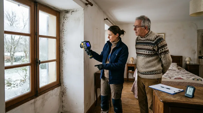 Spécialiste mesurant l'humidité d'un mur dans le Allier