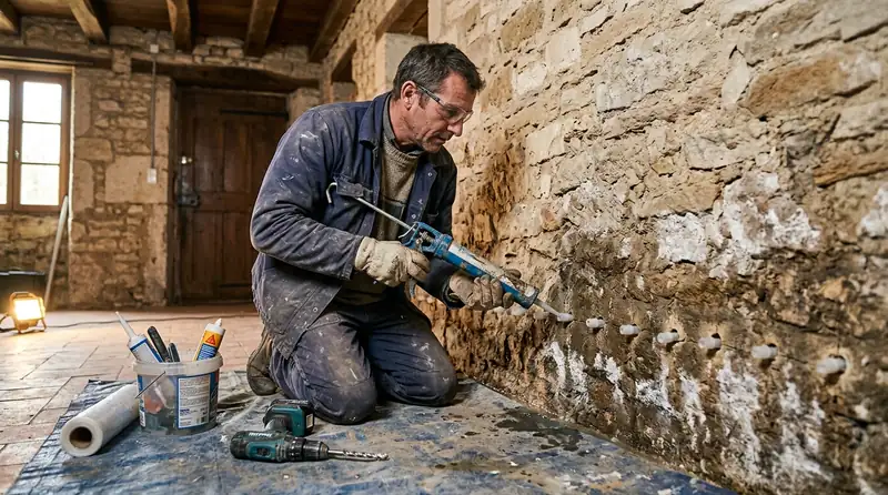 Artisan injectant de la résine hydrofuge à la base d'un mur en pierre